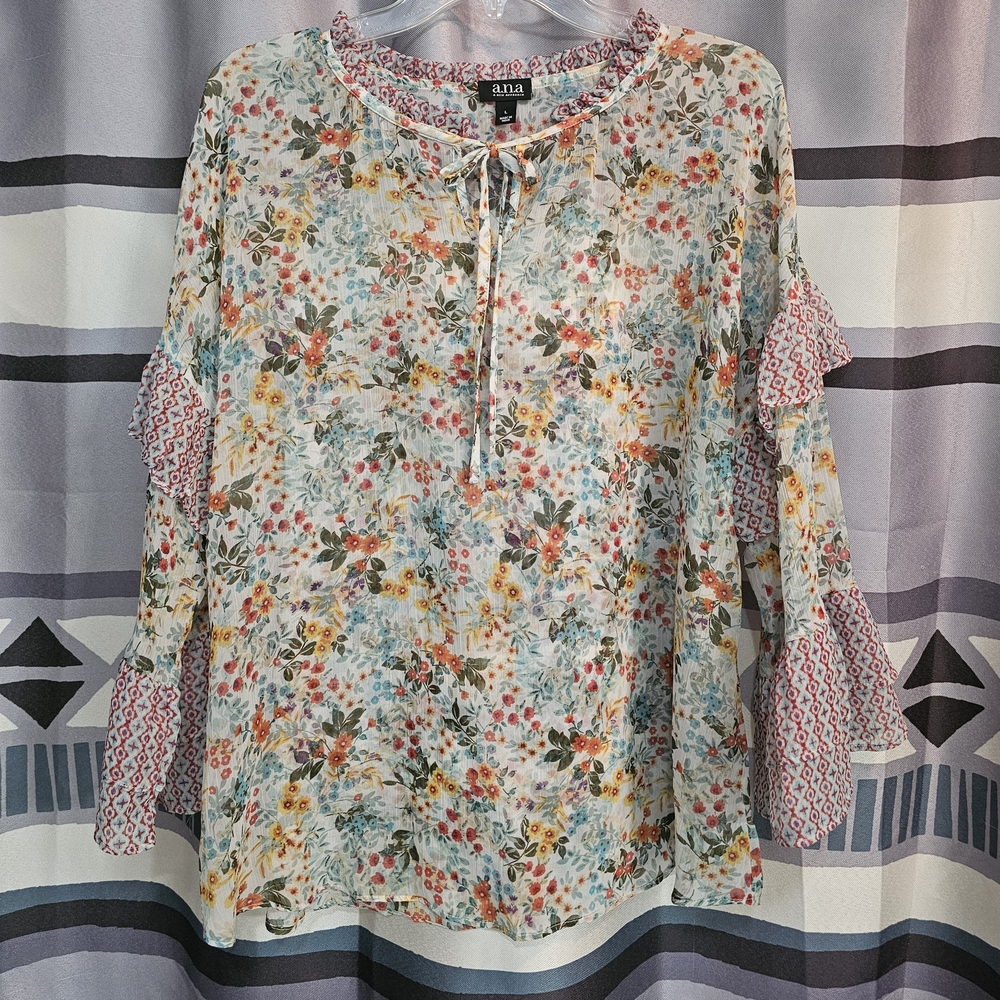 Women's Blouse by a.n.a Multi Colored Floral Tie-Neck Peasant Blouse